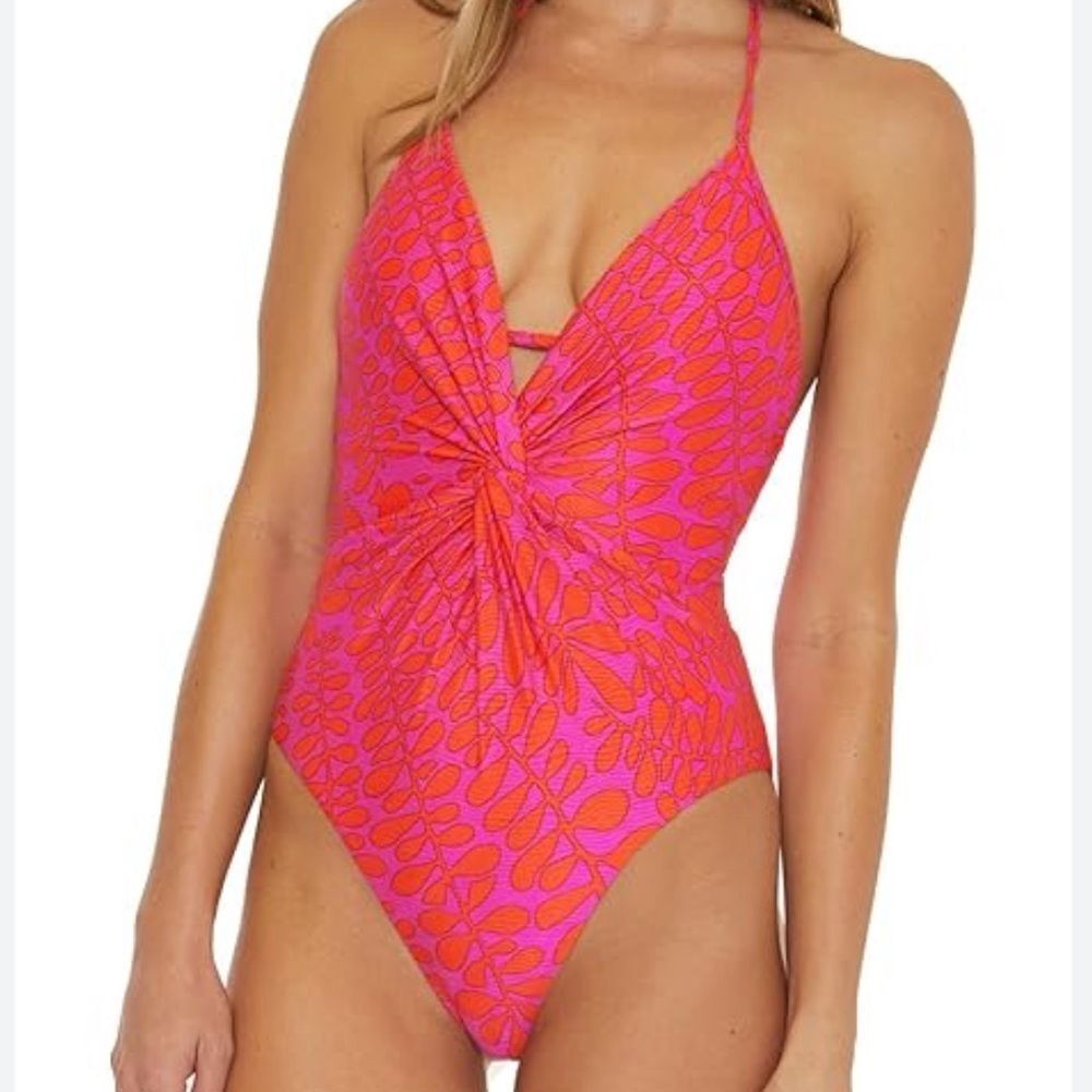 TRINA TURK Pink Orange Trellis Halter Style Swimsuit Size 12 New with tags